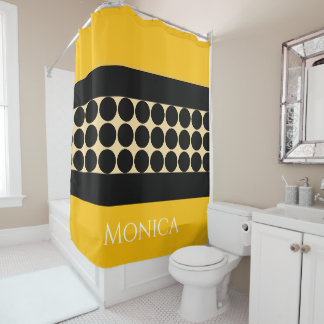 Rideaux De Douche Elegant black beige & yellow dots monogram name