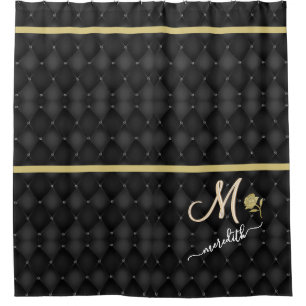 Rideaux De Douche Élégant Black Motif Gold Band Monogramme personn
