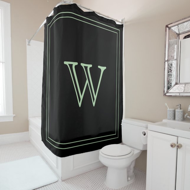 Rideaux De Douche Elegant Black &Pale Green Initial Monogram  (En situation)