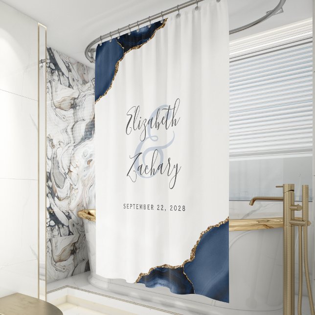 Rideaux De Douche Élégant Bleu Agate Gold Marié Noms de chambre Mari (Créateur téléchargé)