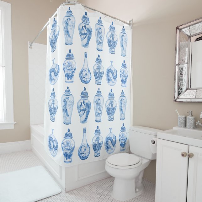 Rideaux De Douche Elégant bleu blanc Chinoiserie Ginger Jars Motif (En situation)