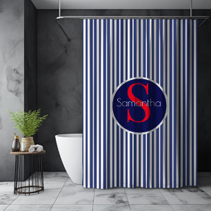 Rideaux De Douche Élégant bleu marine rouge rayé monogramme initial