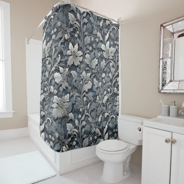 Rideaux De Douche Elégant bleu poussiéreux argent blanc gris gris fl (En situation)