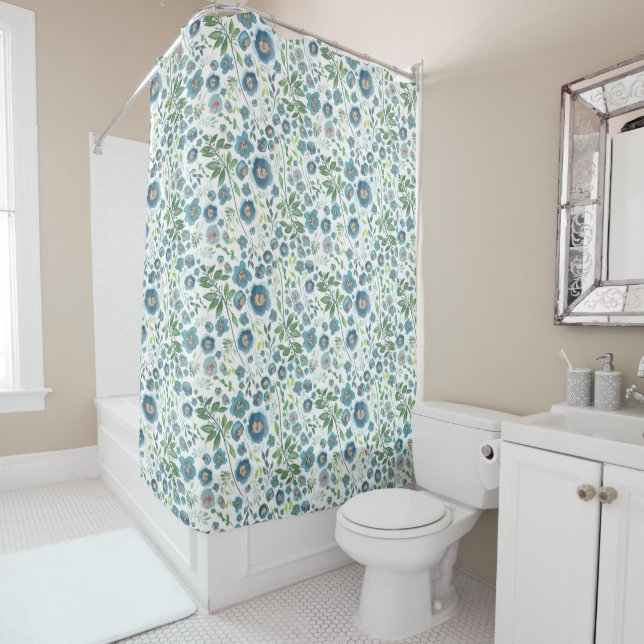 Rideaux De Douche Elégant bleu Turquoise Motif d'aquarelle Floral (En situation)