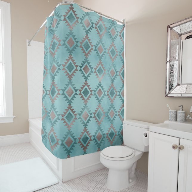 Rideaux De Douche Élégant bleu Turquoise Motif diamant sud-ouest (En situation)