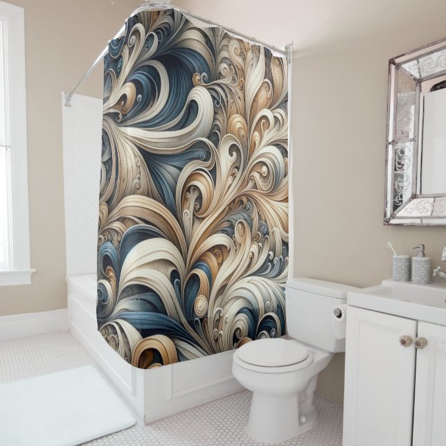 Rideaux De Douche Elegant Blue Beige Baroque Swirl Pattern (En situation)
