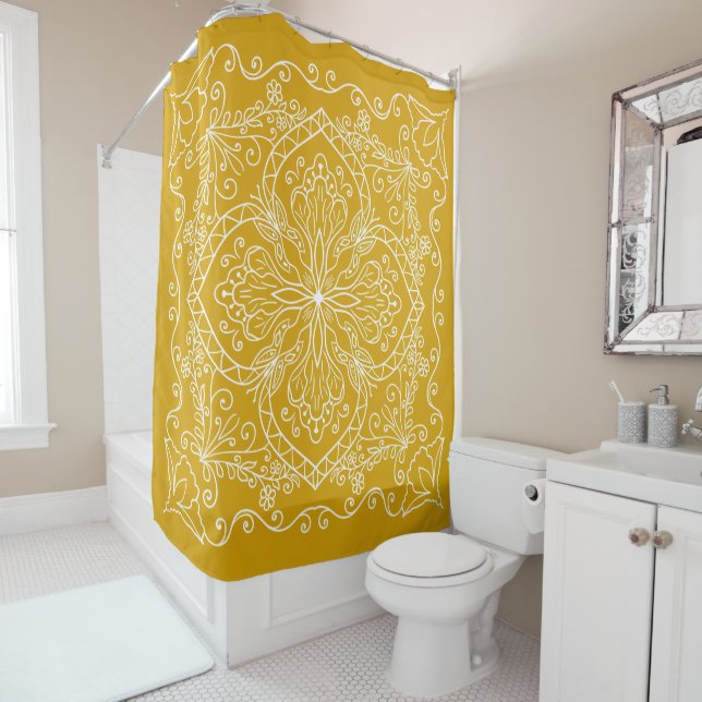 Rideaux De Douche Elégant Boho Flourdissant Motif moutarde Jaune (En situation)