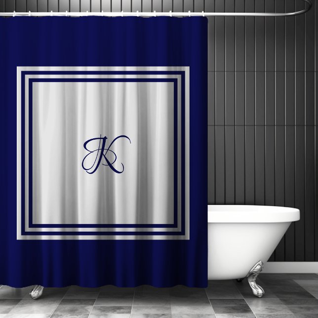 Rideaux De Douche Élégant carré gris bleu motif monogramme initial (Créateur téléchargé)