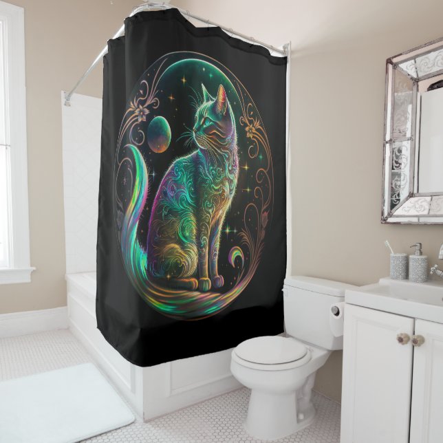 Rideaux De Douche Élégant Chat Psychédélique Art Moderne | (En situation)