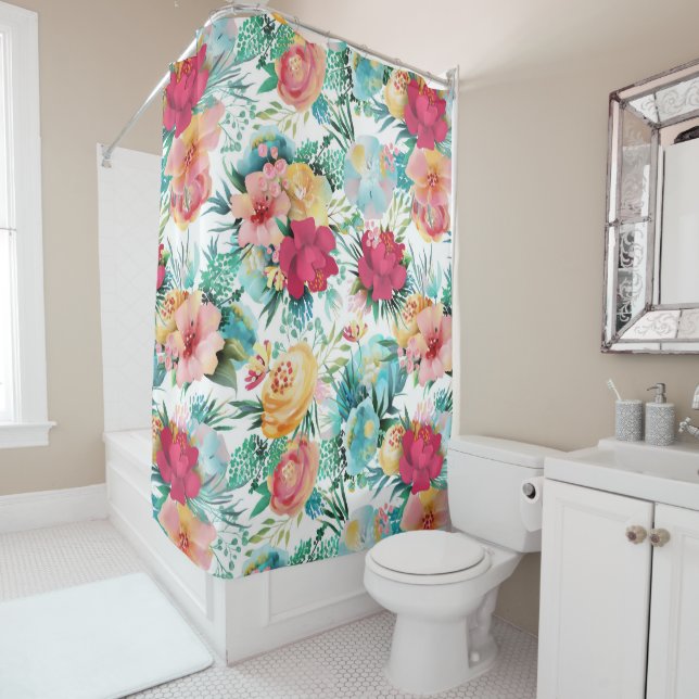 Rideaux De Douche Élégant Chic moderne Aquarelle tropicale Florale (En situation)