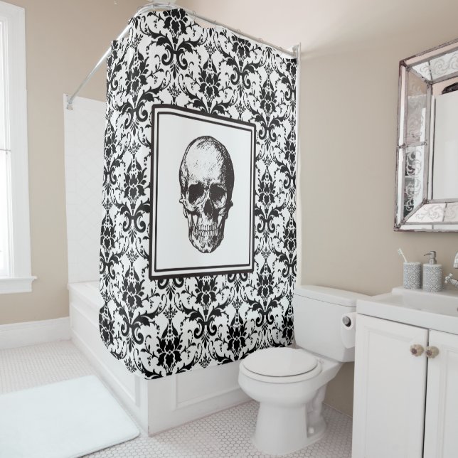 Rideaux De Douche Élégant crâne noir gothique damassé (En situation)