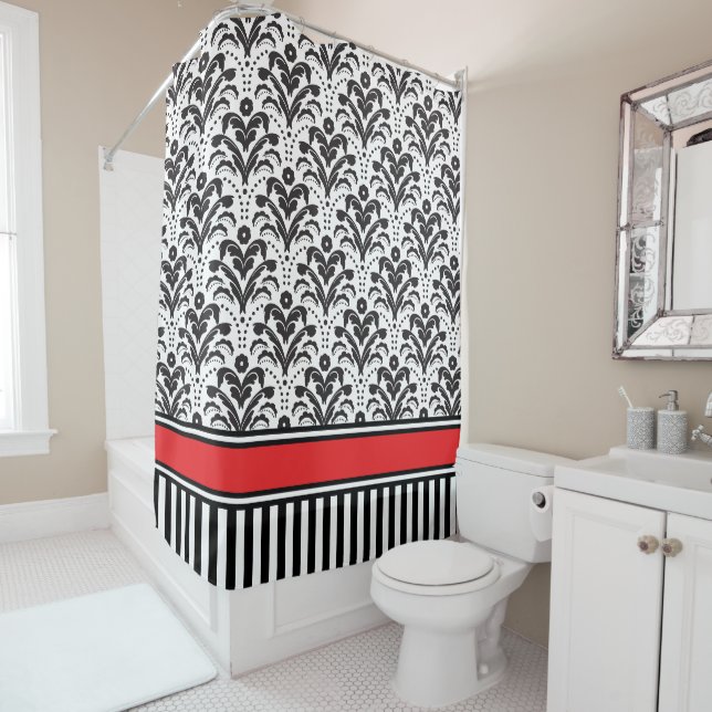 Rideaux De Douche Élégant Déco moderne Damas noir et blanc (En situation)