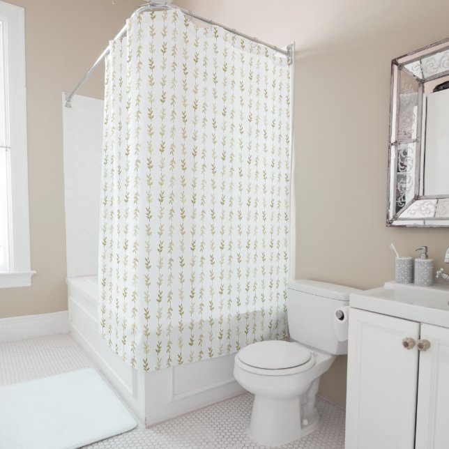 Rideaux De Douche Élégant Feuille Or Motif sur blanc (En situation)