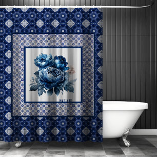 Rideaux De Douche Élégant fleurs bleues chinoiserie toile monogramme