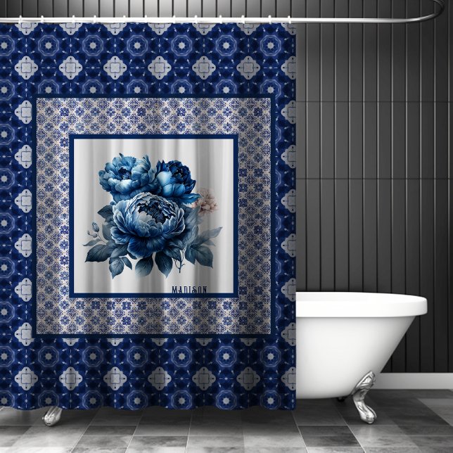 Rideaux De Douche Élégant fleurs bleues chinoiserie toile monogramme (Créateur téléchargé)