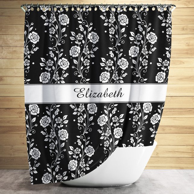Rideaux De Douche Élégant Floral Noir Et Blanc (Elegant Black And White Floral Shower Curtain)