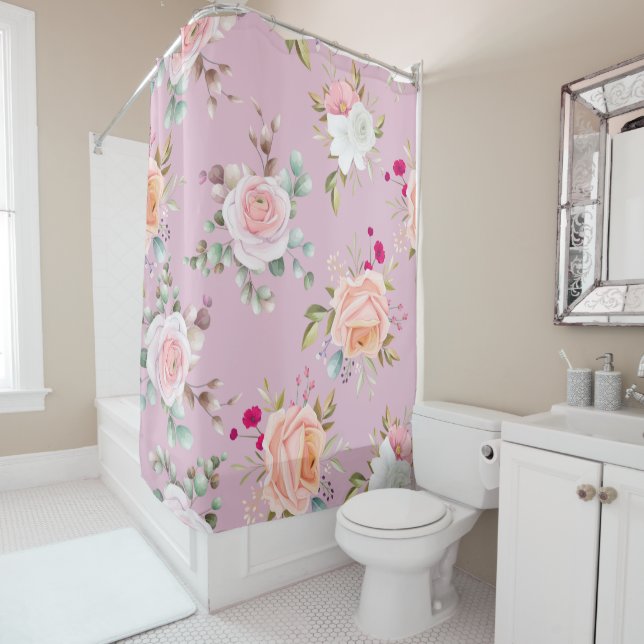 Rideaux De Douche Élégant floral rose simple (En situation)