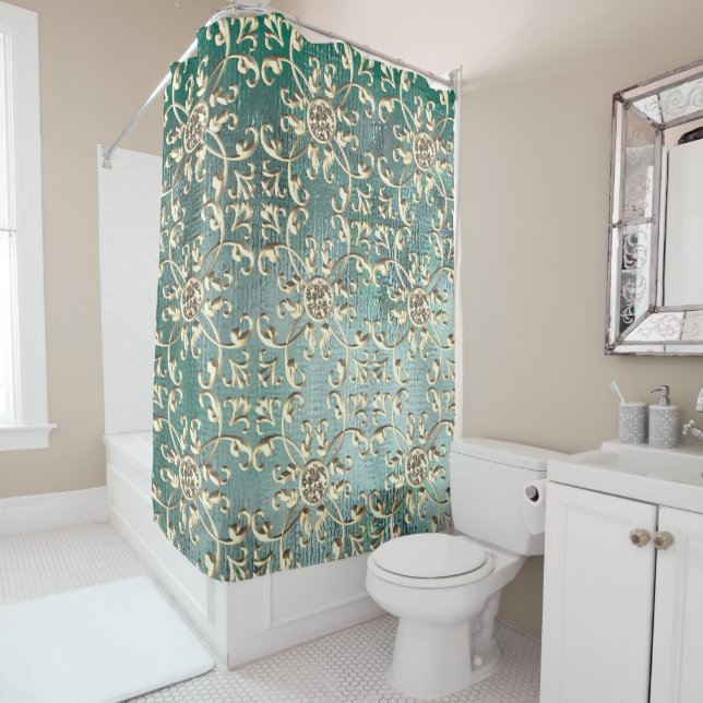 Rideaux De Douche Elegant Gold Gem sur Green (En situation)