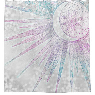 Rideaux De Douche Elegant Iridescent Sun Moon Mandala Silver Design