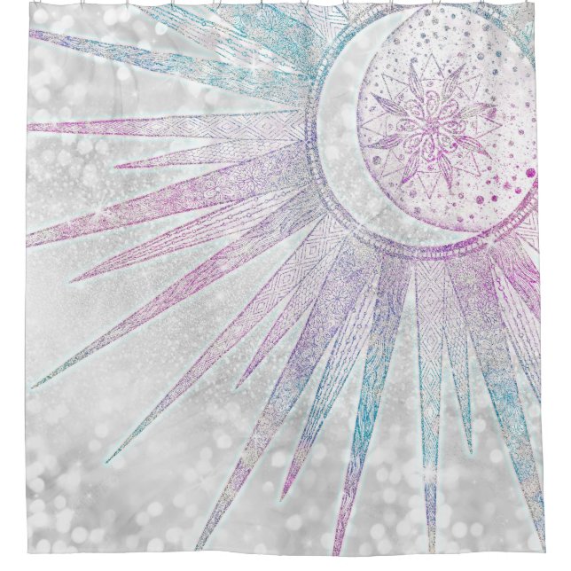 Rideaux De Douche Elegant Iridescent Sun Moon Mandala Silver Design (Devant)