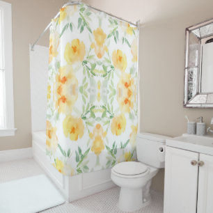 Rideaux De Douche Elégant jaune pêche orange aquarelle fleurie