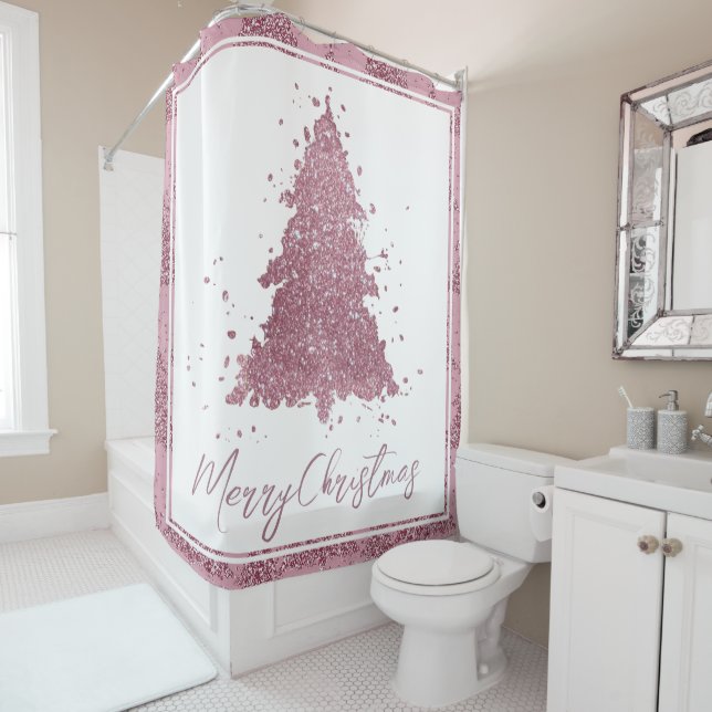 Rideaux De Douche Élégant Joyeux Noël | Dusty Mauve Pink Tree (En situation)