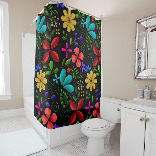 Rideaux De Douche Elegant Latin American Folk Floral Black (En situation)