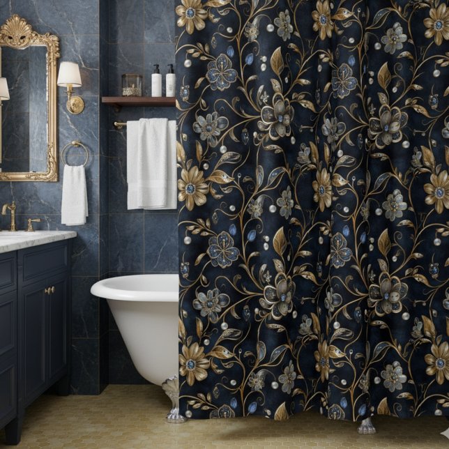 Rideaux De Douche Elegant Luxe Midnight Floral (luxe elegant vintage navy gold floral shower curtain with maximalist bejeweled metallic flowers)