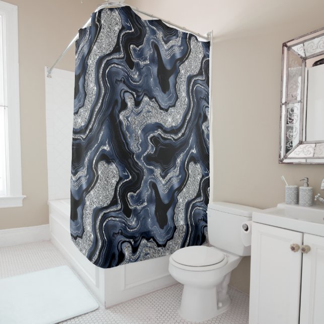 Rideaux De Douche Elégant Marine Blue & Silver Parties scintillant A (En situation)