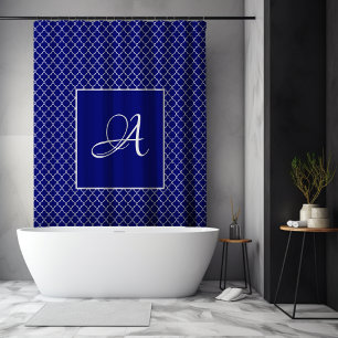Rideaux De Douche Elégant Marocain damassé marine Monogramme bleu