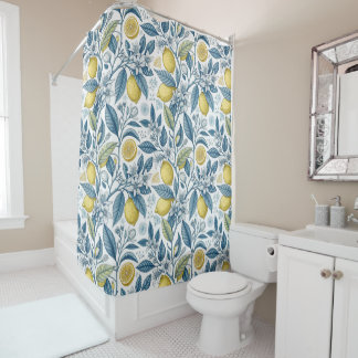 Rideaux De Douche Elegant Mediterranean Lemon Botanical Navy