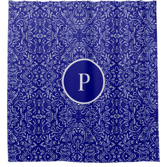 Rideaux De Douche Elégant modèle bleu marine et gris Damas (Devant)