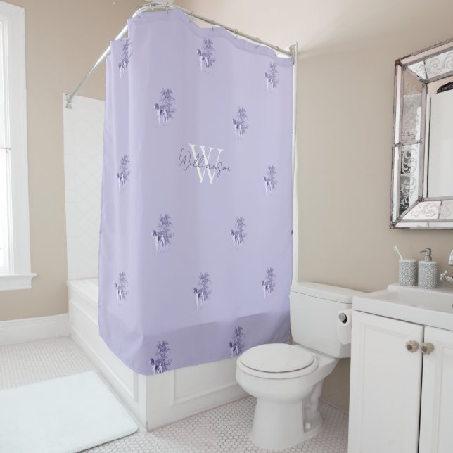 Rideaux De Douche Élégant Monogramme Bleu Antique Chien Impression (En situation)