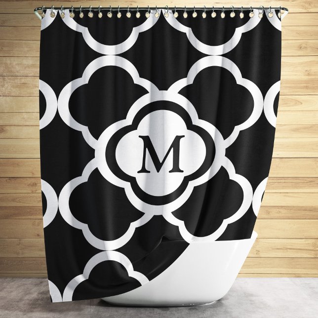 Rideaux De Douche Élégant Monogramme De Quatrefoil Noir Et Blanc (Créateur téléchargé)