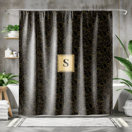 Rideaux De Douche Élégant Monogramme floral d'or noir