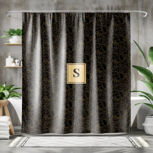 Rideaux De Douche Élégant Monogramme floral d'or noir (Créateur téléchargé)