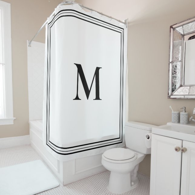 Rideaux De Douche Élégant Monogramme minimaliste noir et blanc (En situation)