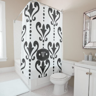 Rideaux De Douche Élégant Monogramme noir et blanc damassé