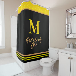 Rideaux De Douche Élégant Monogramme Nom Script, Feminine Black Gold