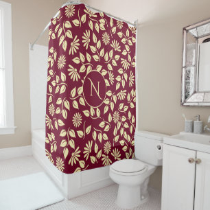 Rideaux De Douche Élégant Monogramme Pastel Feuilles Daisies Bourgog