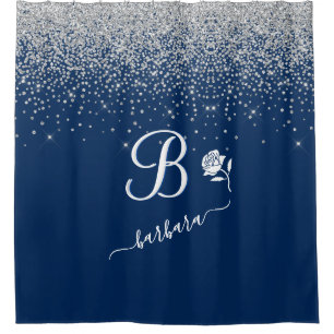 Rideaux De Douche Élégant Monogramme Personnalisé Bleu Argent Ét