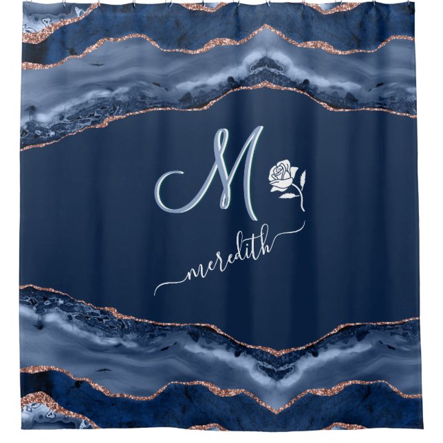 Rideaux De Douche Élégant Monogramme Personnalisé Bleu Or Agate (Devant)