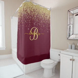 Rideaux De Douche Élégant Monogramme Personnalisé Rouge Or Étinc