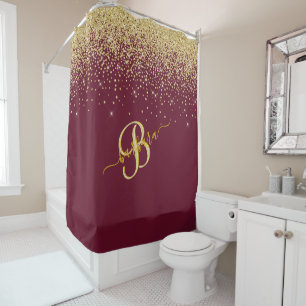 Rideaux De Douche Élégant Monogramme Personnalisé Rouge Or Étinc