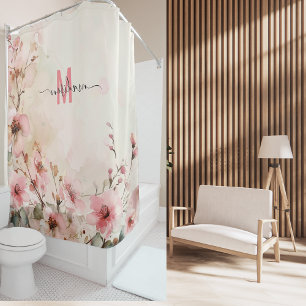 Rideaux De Douche Élégant Monogramme rose moderne Mariage de script 