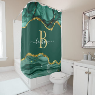 Rideaux De Douche Élégant Monogramme Vert Émeraude Agate Nom Or