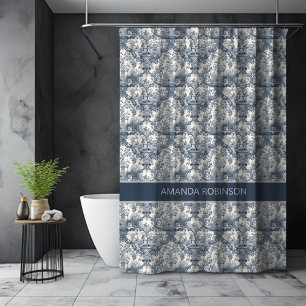 Rideaux De Douche Élégant monogramme vintage Blue toile de jouy