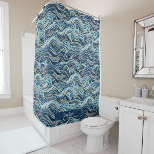Rideaux De Douche Élégant Motif à vague bleue avec accents or