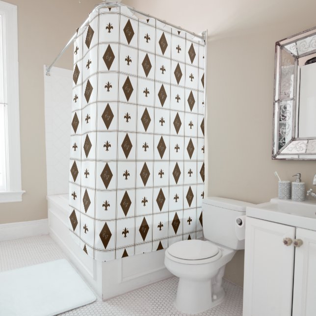 Rideaux De Douche Élégant Motif de diamants blanc et Brown (En situation)