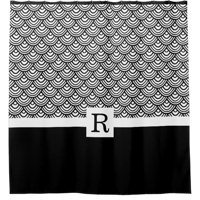 Rideaux De Douche Élégant Motif noir blanc de monogramme  de pétoncl (Devant)